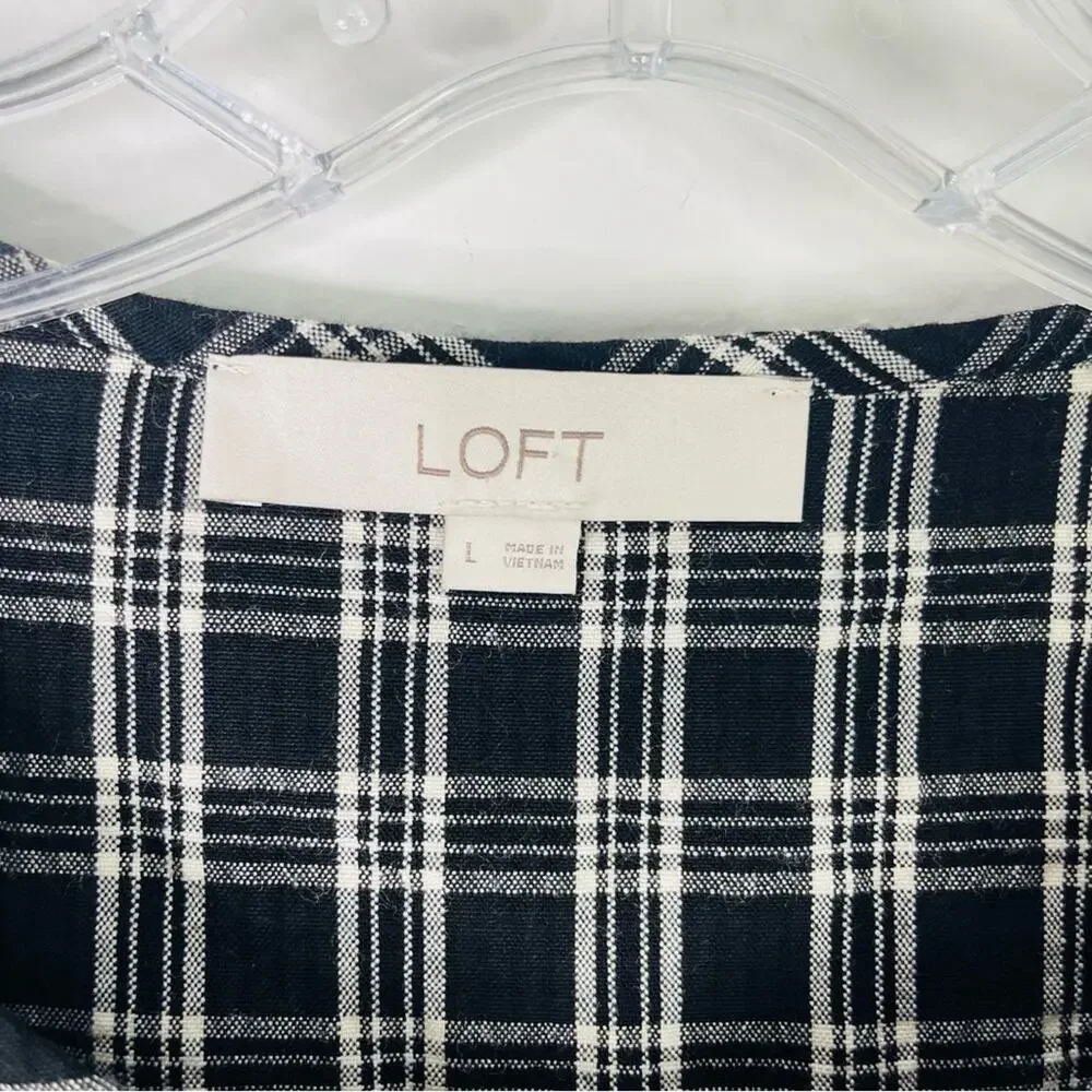 Loft black white plaid ruffle preppy cottagecore popover top large